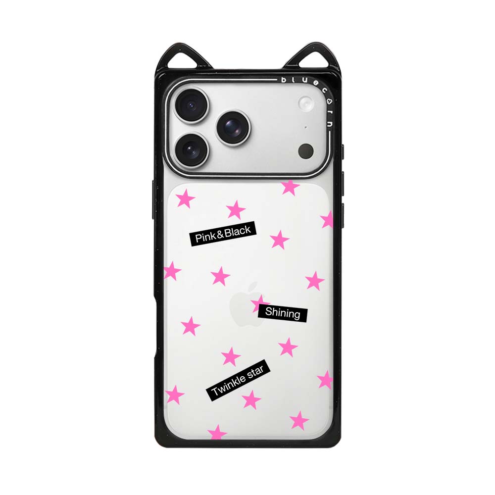 Black & Pink Stars Cat Ear Case - 猫耳 - Non-Magnetic