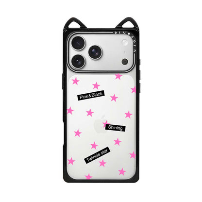 Black & Pink Stars Cat Ear Case - 猫耳 - Non-Magnetic