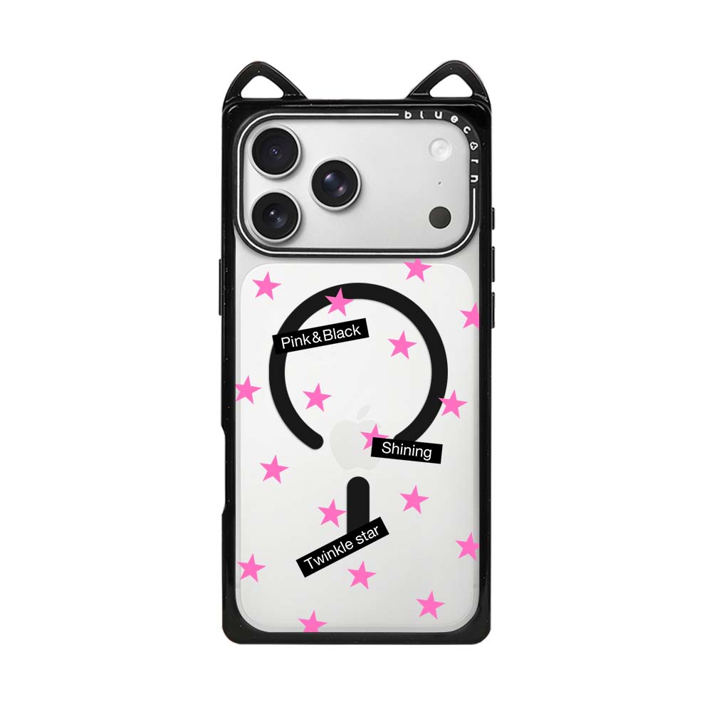 Black & Pink Stars Cat Ear Case - 猫耳 - Magnetic